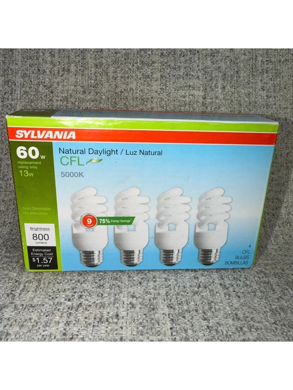 Sylvania 3 Pack Natural Daylight CFL 60W Equivalent 13W 5000K 800 Lumens Bulbs